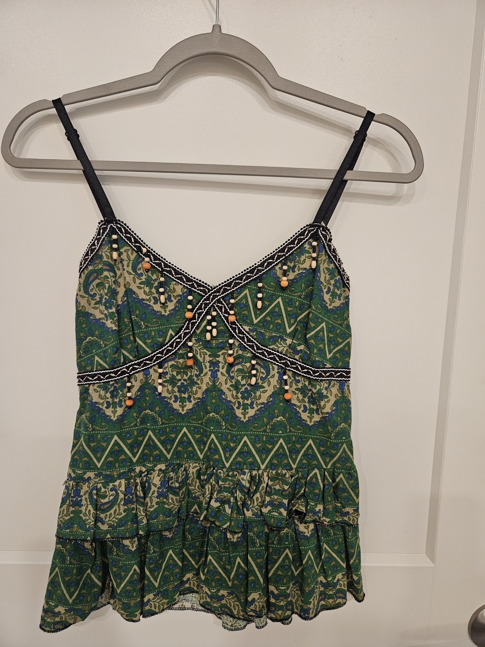 Boho Green & Blue Paisley Peasant Top with Beaded Trim